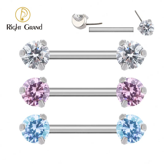 Titanium Threadless Push-in Prong Set Zircon Nipple Barbell