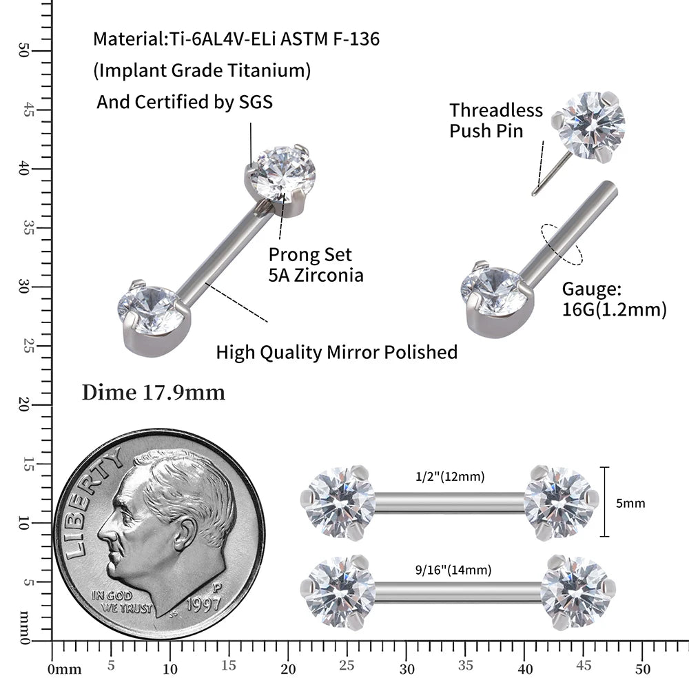 Titanium Threadless Push-in Prong Set Zircon Nipple Barbell
