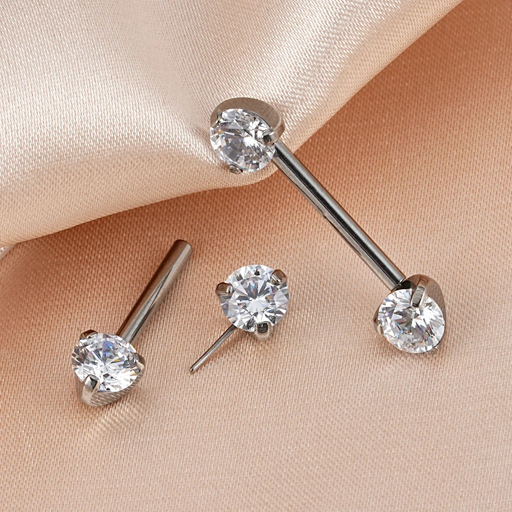Titanium Threadless Push-in Prong Set Zircon Nipple Barbell