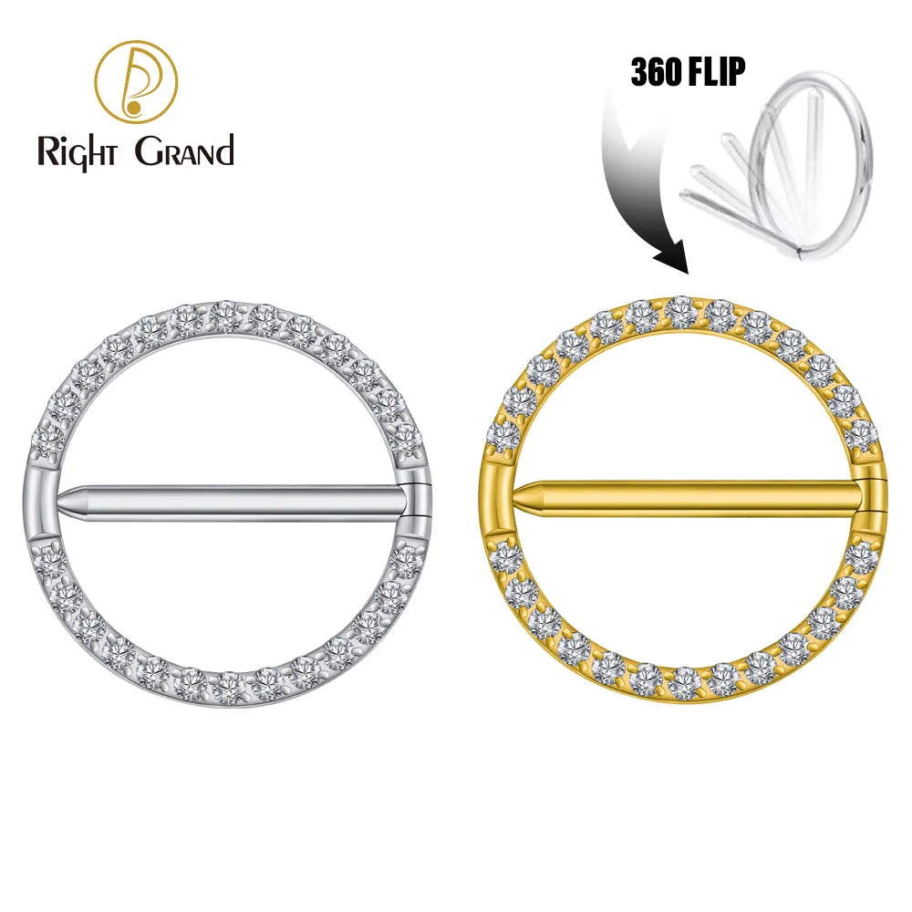 Right Grand ASTM F136 Titanium 14G Circular CZ Clicker Nipple Shield Jewelry