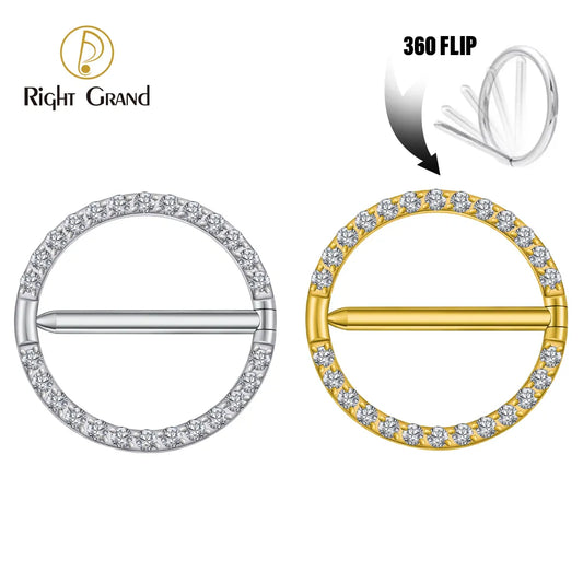 Right Grand ASTM F136 Titanium 14G Circular CZ Clicker Nipple Shield Jewelry